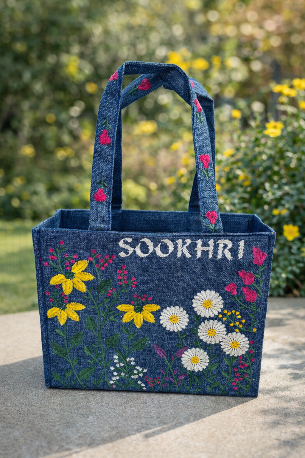 Floral Embroidered Jute Fabric Tote Bag – Medium Size