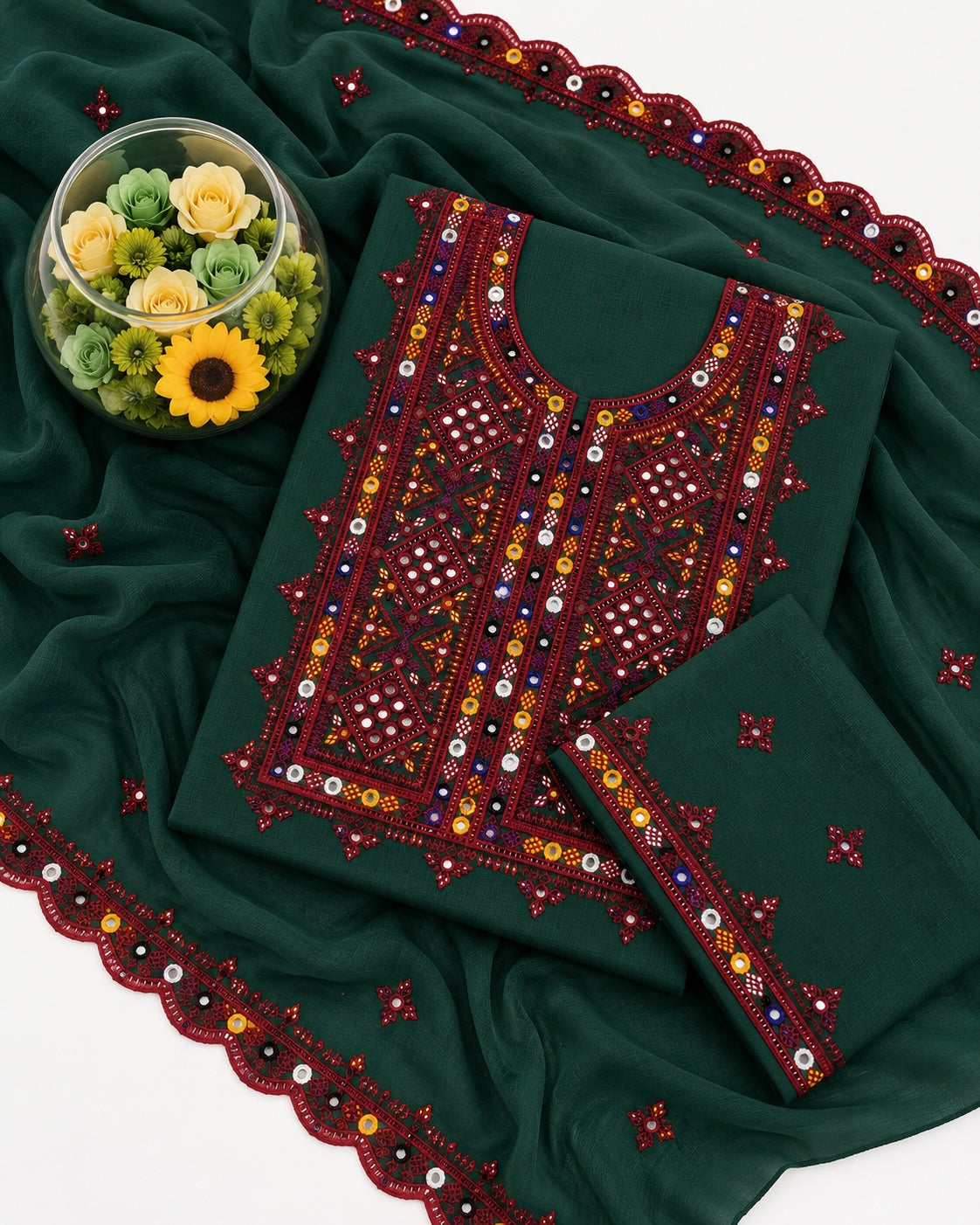 Balochi Thick Thread 9MM Sitara Work Machine Embroidered Soft Cotton with Two Side Cutwork Border Chiffon Dupatta - 3PC Unstitched Dress 👗