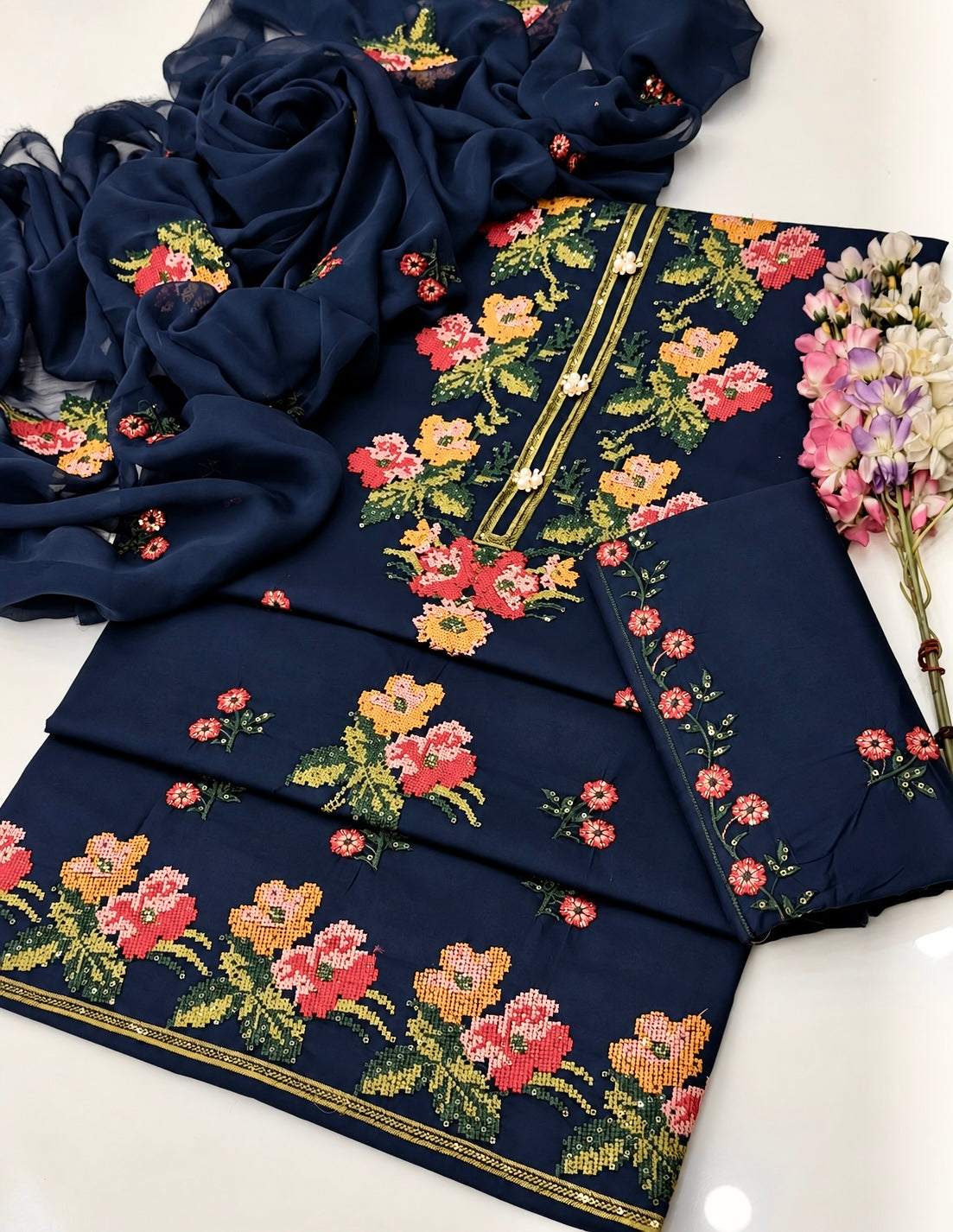 Cross Stitch Sequence Sitara Multi Floral Embroidery Soft Cotton with Chiffon Dupatta - 3PC Unstitched Dress 👗
