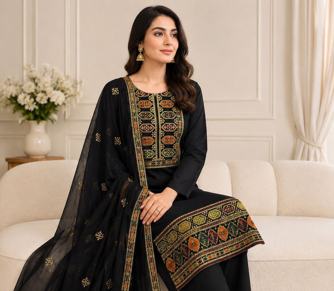 Balochi Multi Sequence Sitara Embroidered Lawn Cotton With Chiffon Dupatta | 3PC Unstitched Dress 👗