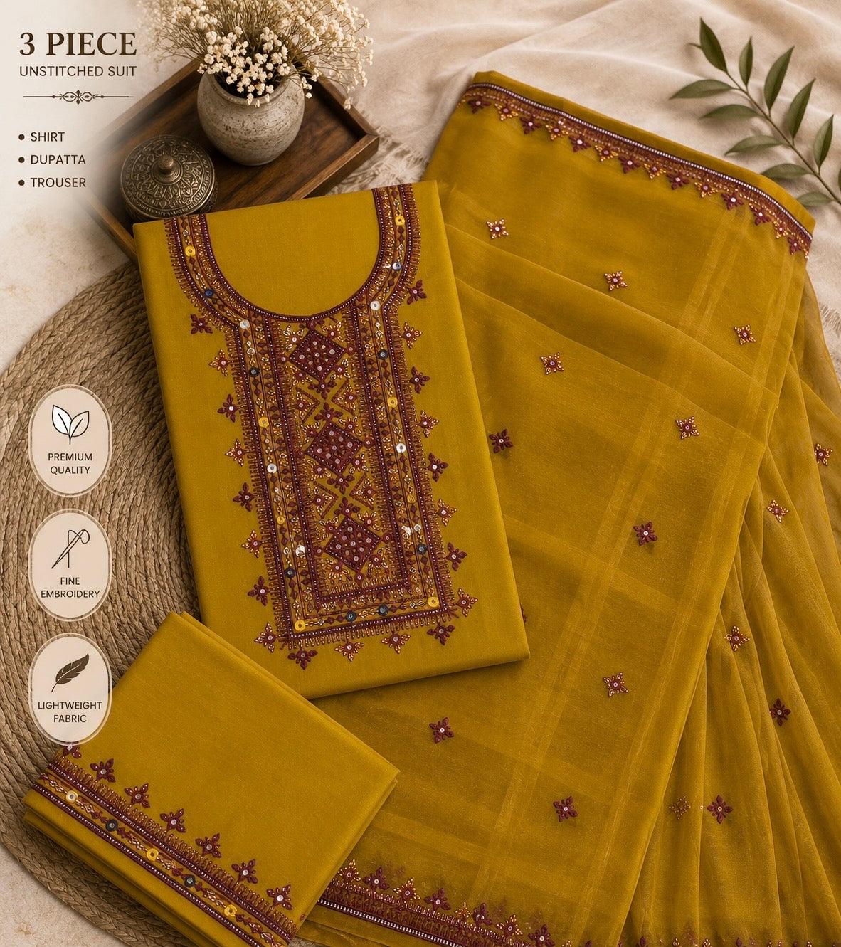Balochi Thick Thread 9MM Sitara Embroidered Lawn Cotton with Chiffon Dupatta -3PC Unstitch Dress 👗