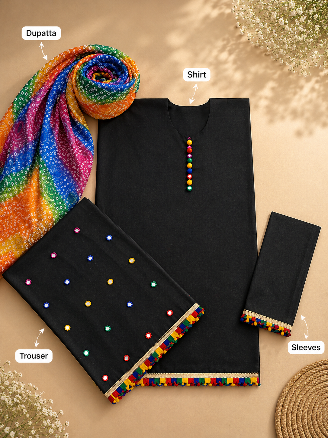 Black Lawn Cotton Fabric with Multi Ball Sitara Foil Lace Embroidery Work Shirt & Trouser with Chunri Print Dupatta | 3PC Unstitched Dress
