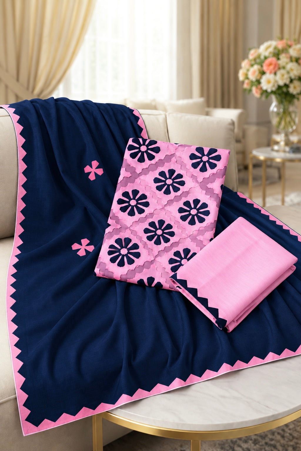 Handcrafted Soft Cotton Applique Work 3-Piece Unstitched Dress with Net Front Panel & Chiffon Dupatta
