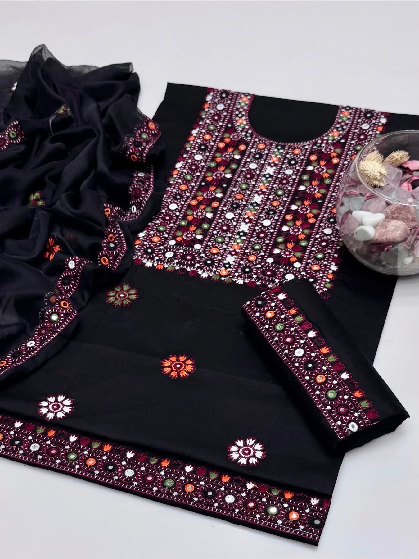 Balochi Multi Thick Thread 9MM Sitara Heavy Embroidered Lawn Cotton with Chiffon Dupatta – 3PC Unstitched Dress