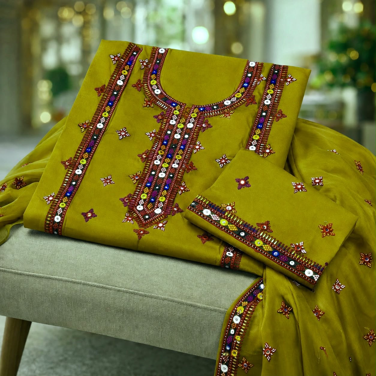 Balochi Gala Bail Daman 9MM Sitara Thick Thread Embroidered Lawn Cotton with Chiffon Dupatta - 3PC Unstitch Dress 👗