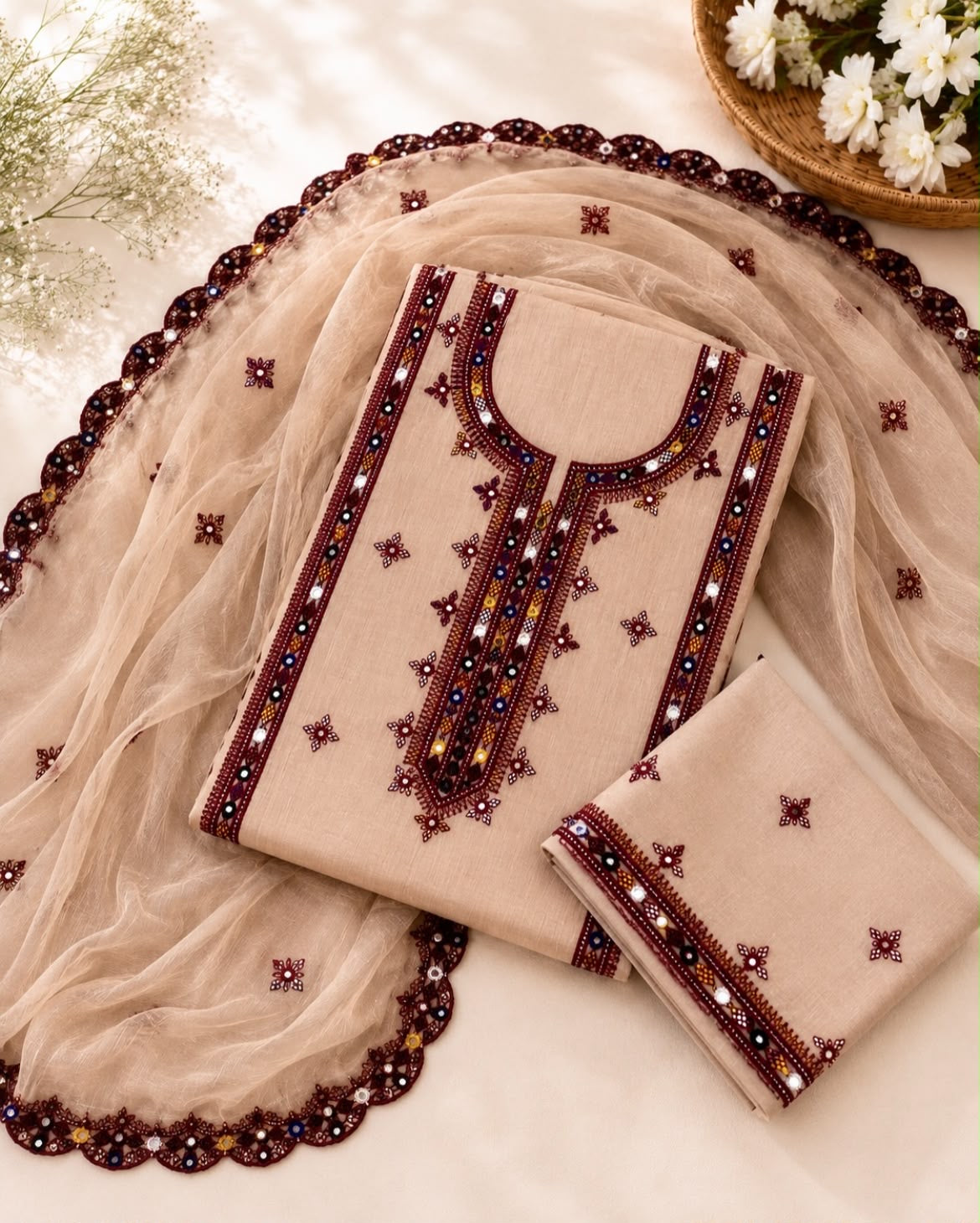 Balochi Thick Thread Embroidered Lawn Cotton with Two Side Cutwork Border Embroidered Dupatta - 3PC Unstitch Dress 👗