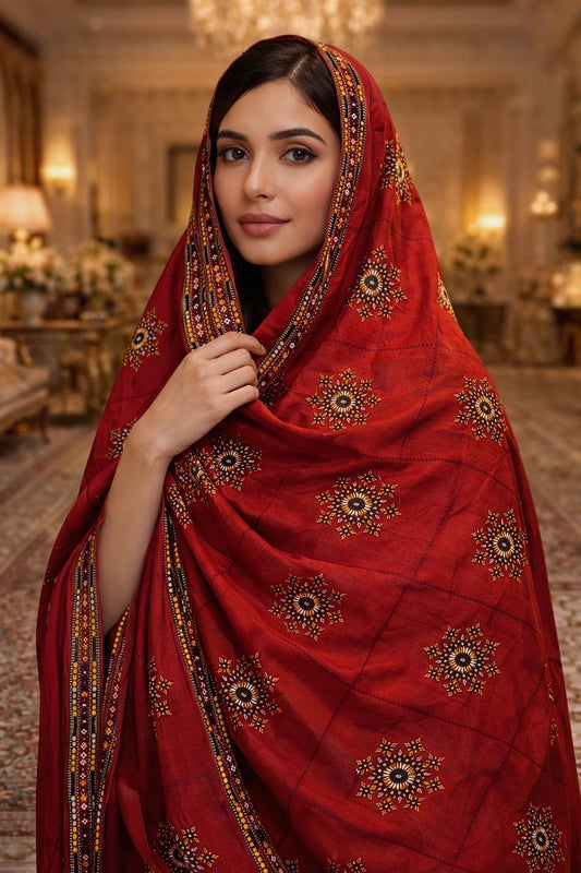 Red 9MM Sitara Thick Thread Embroidered Swiss Voile Fabric Ladies Chadar