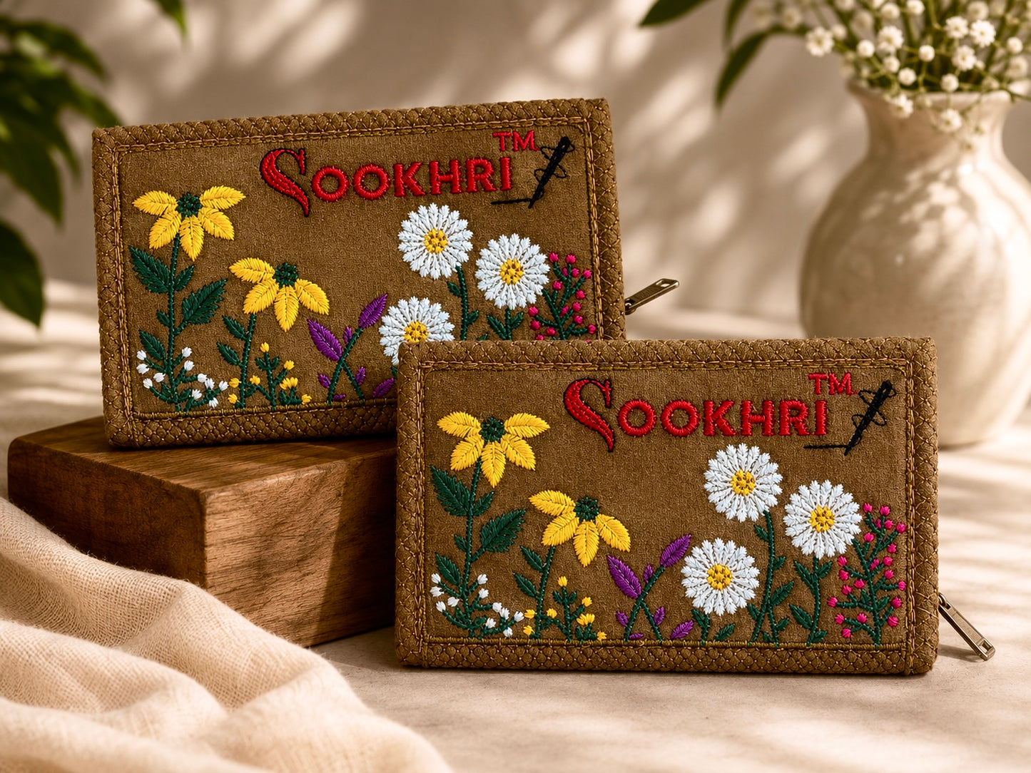 SOOKHRI Embroidered Velvet Clutch – Floral Zipper Wallet (Pair of 2)