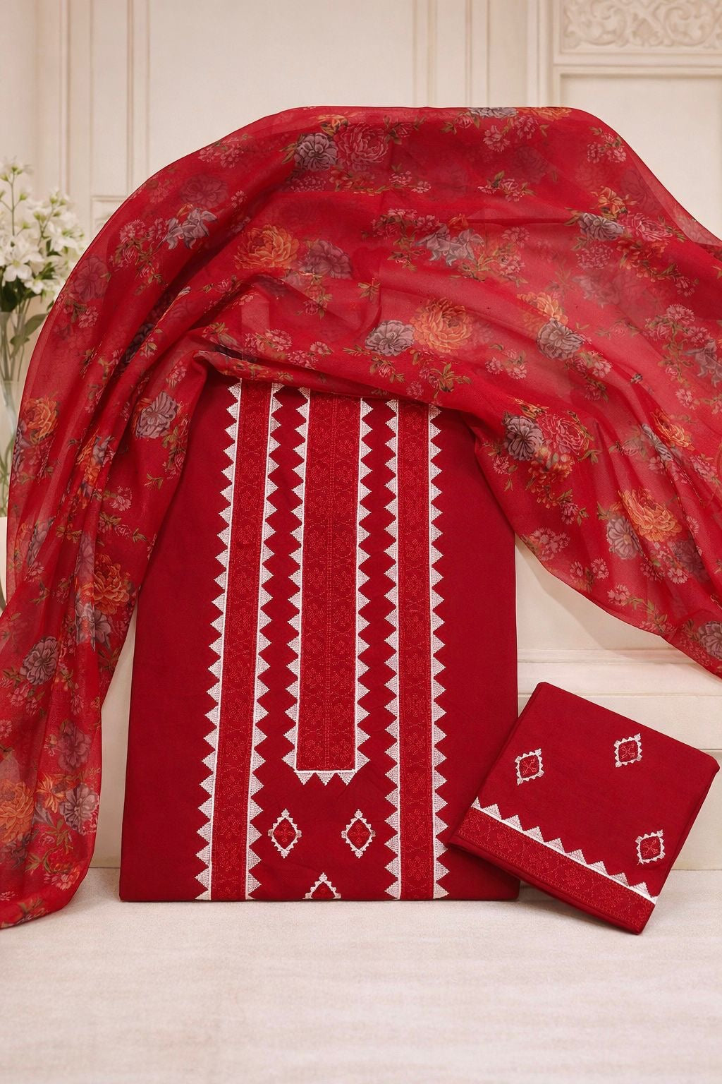 Computer Applique Embroidered Lawn Cotton Shirt & Trouser with Digital Print Floral Chiffon Dupatta - 3PC Unsticth Dress 👗