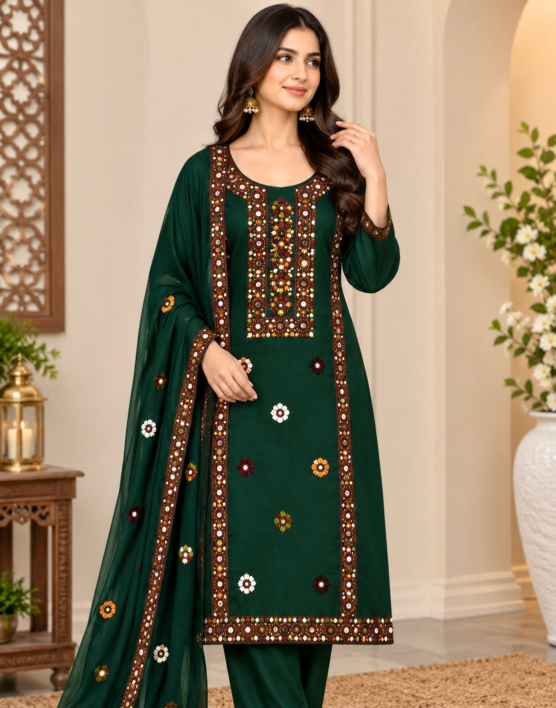 Balochi Multi Thick Thread & 9MM Sitara Heavy Embroidered Soft Cotton Shirt & Trouser with Chiffon Dupatta | 3PC Unstitched Dress 👗