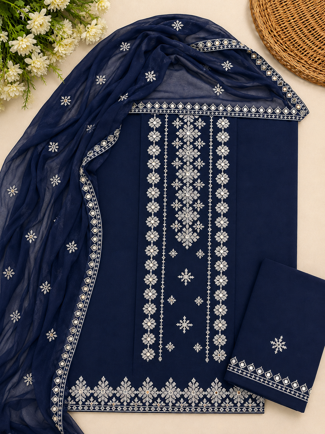 Cross Stitch Flower Embroidered   Lawn Cotton Fabric Shirt &Trouser with Chiffon Embroidered Dupatta – 3 Piece Unstitched Dress 👗
