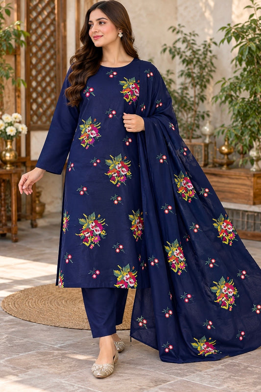 Premium Dhanak Fabric Cross Stitch Multi Flower Bunches Embroidered 3-Piece Unstitched Suit