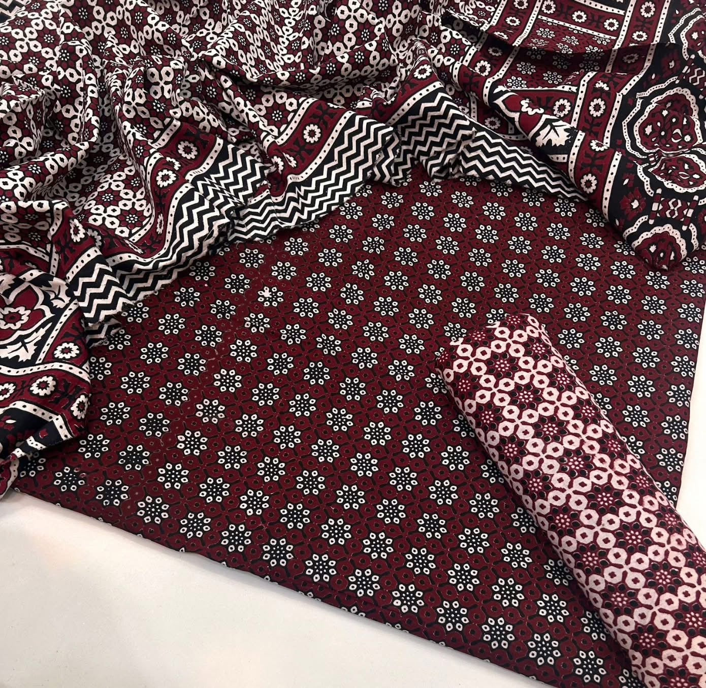 Hand Block Print Ajrak Cotton Unstitched 3-Piece Suit | All-Season Wear