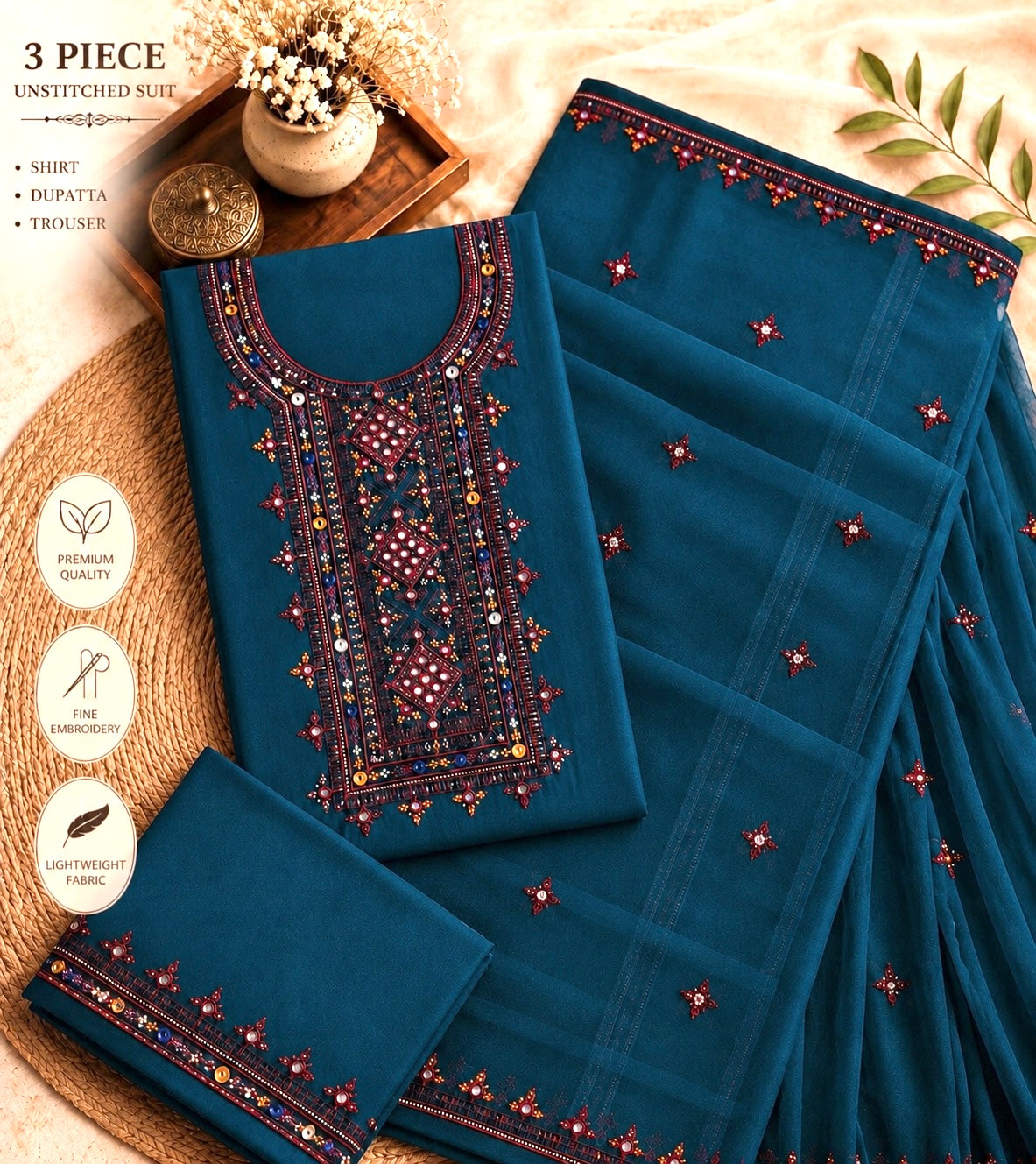 Balochi Thick Thread 9MM Sitara Embroidered Lawn Cotton with Chiffon Dupatta -3PC Unstitch Dress 👗