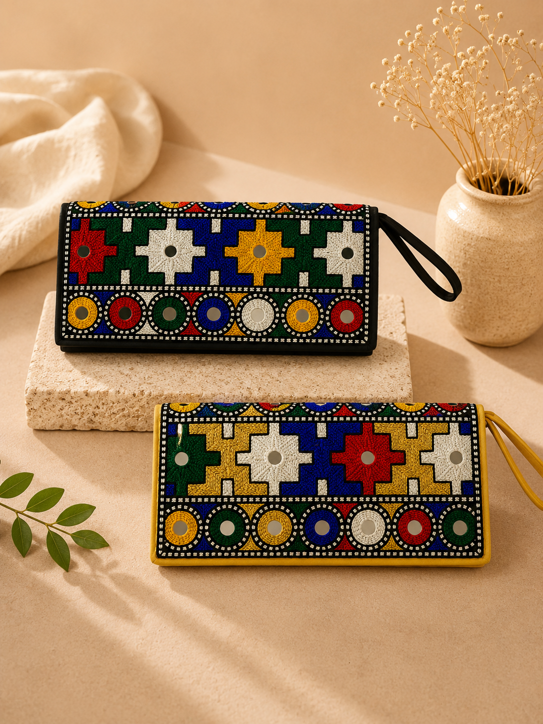Traditional Multi-Aari Sitara Embroidered Mobile & Cash Clutches for Women (Pack of 2)