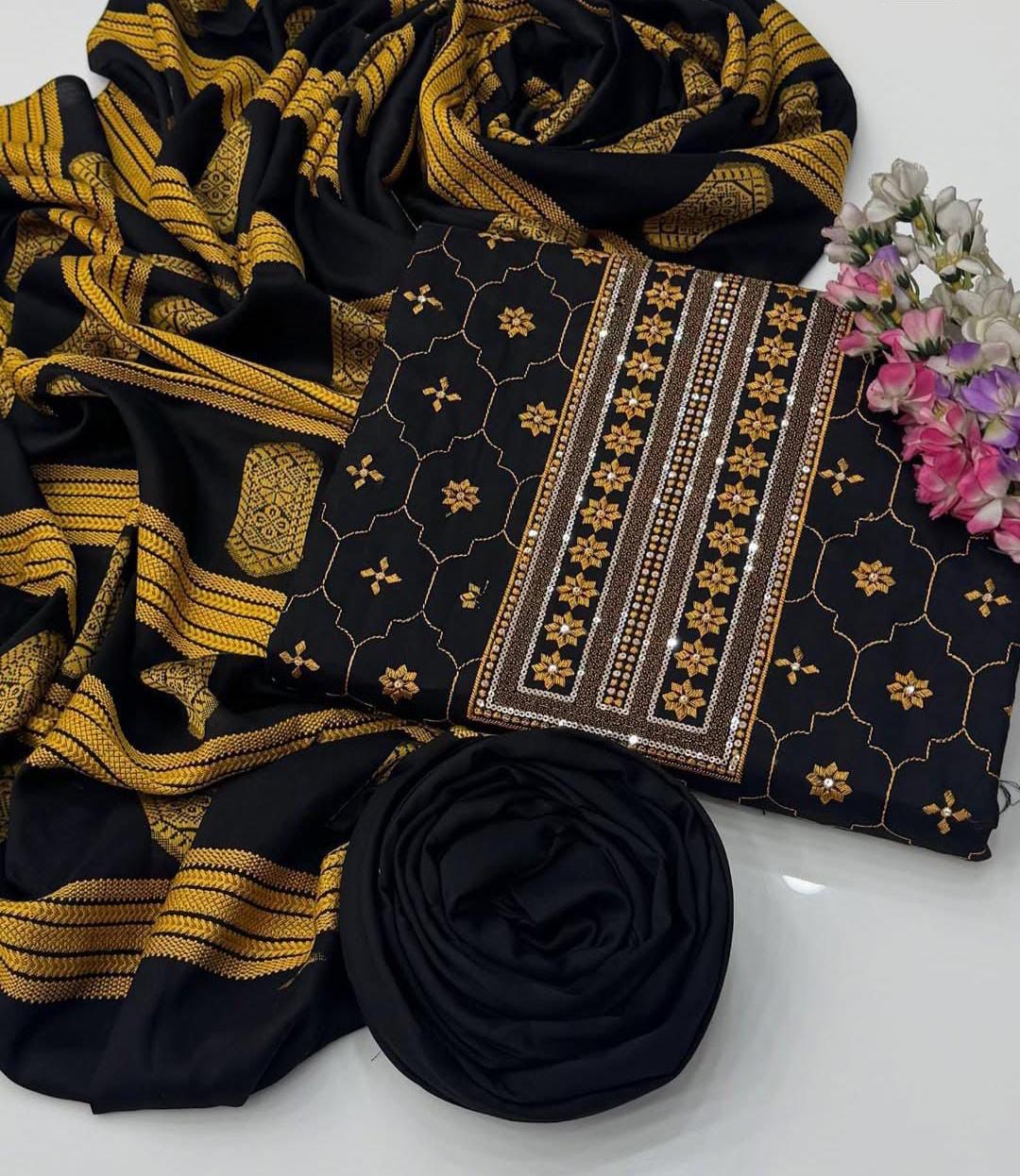 Winter Staple Sussi Suit with 3MM Sequence Sitara Computer Embroidery With Thari Shawl Jacquard Dupatta 3PC Dress 👗