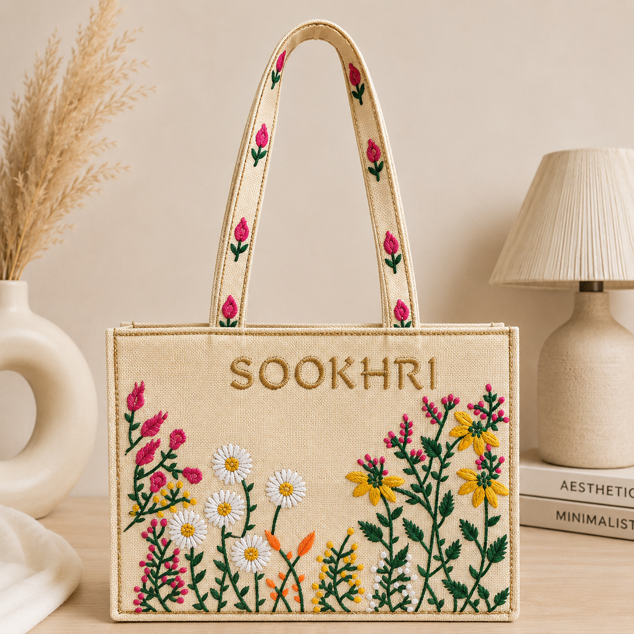 Jute Fabric Computer Flower Embroiderd Tote Bag – (14 Inches Length | 11 inches Width)