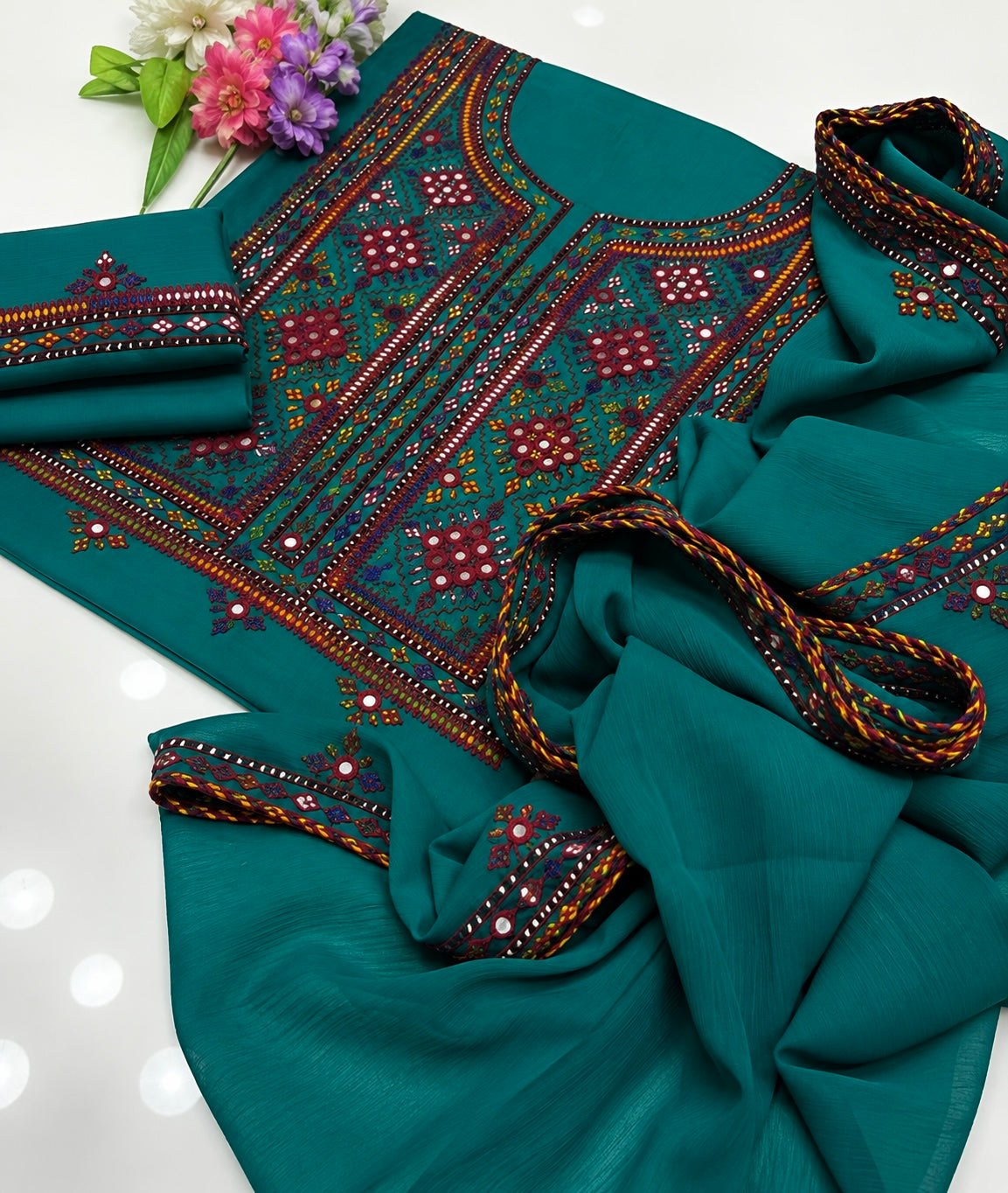 Balochi Handmade Mirror Work Soft Cotton Fabric Shirt & Trouser with Chiffon Dupatta | 3PC Unstitch Dress 👗