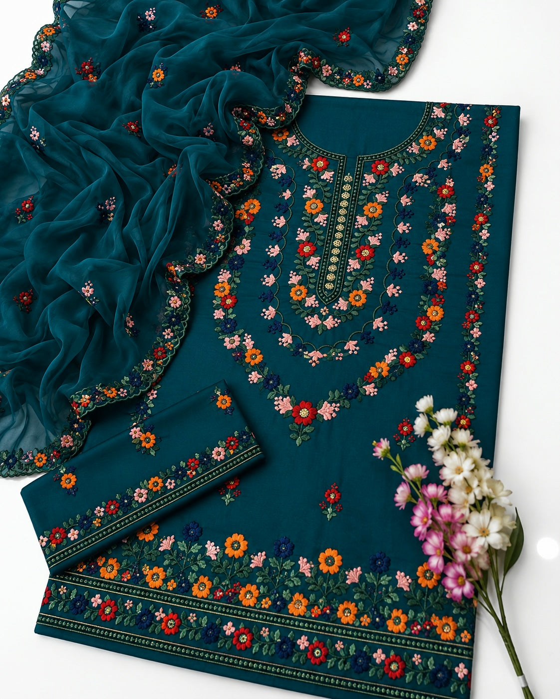 3MM Sequence Sitara Pakka Thread Multi Embroidered Soft Cotton Suit with Premium Chiffon Cutwork Dupatta – 3PC Unstitched Dress 👗