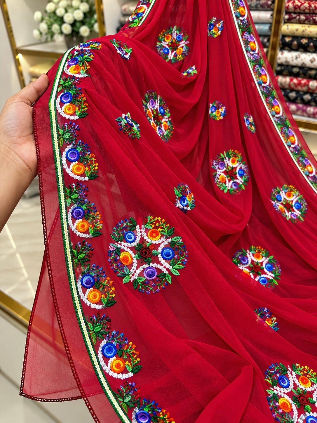 China Krinkle Chiffon Multi Flower Thick Thread Embroidered Ladies Chader