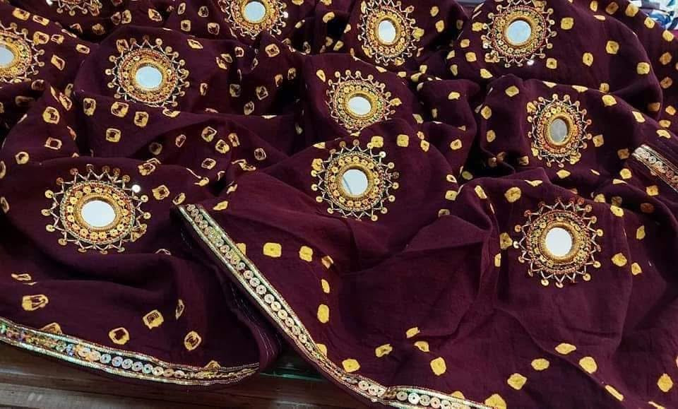 Handmade Cotton Chunri Fabric Mirror Gota Bunches Work Ladies Long Chaddar