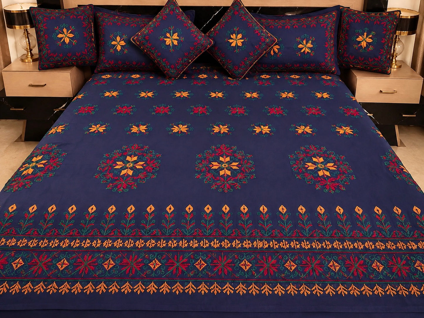 Sindhi Hurmcha Heavy Ari Embroidery 7-Piece Bridal Bedsheet Set – Soft Cotton Fabric | King Size