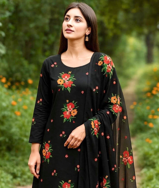 Floral Cross Stitch Embroidered Winter 3-Piece Dress – Soft Cotton & Chiffon Dupatta