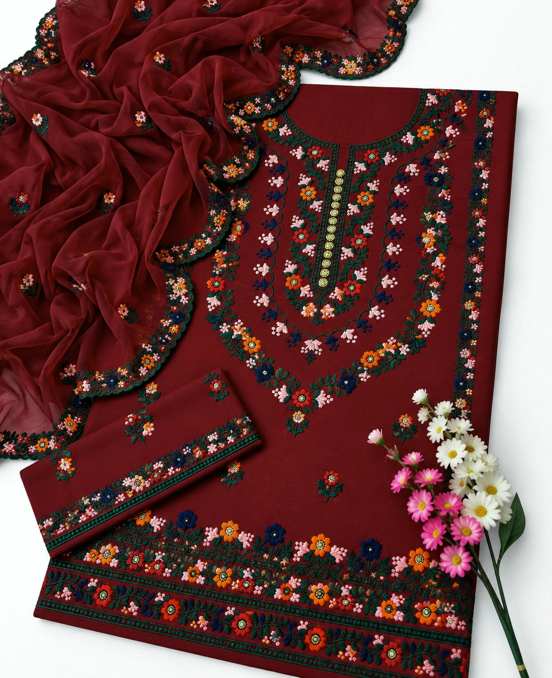 3MM Sequence Sitara Pakka Thread Multi Embroidered Soft Cotton Suit with Premium Chiffon Cutwork Dupatta – 3PC Unstitched Dress 👗