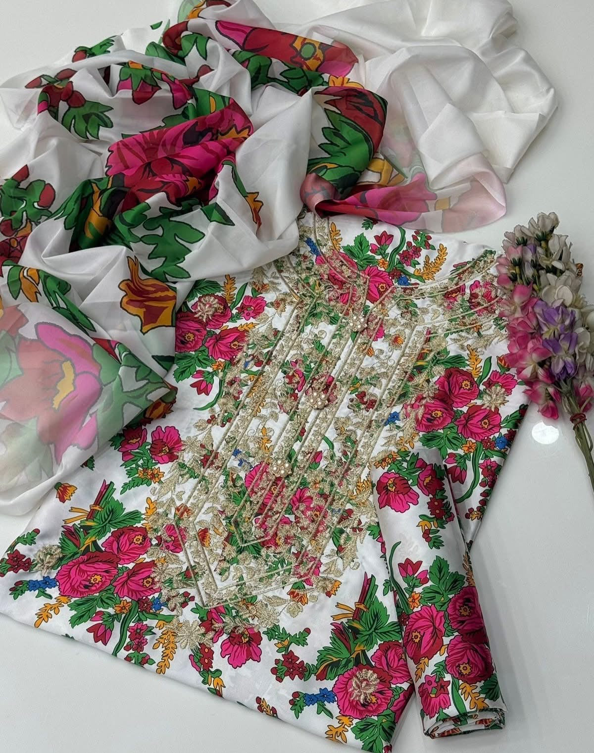 Premium Shamose Silk 3-Piece Zari Neck Embroidered Suit