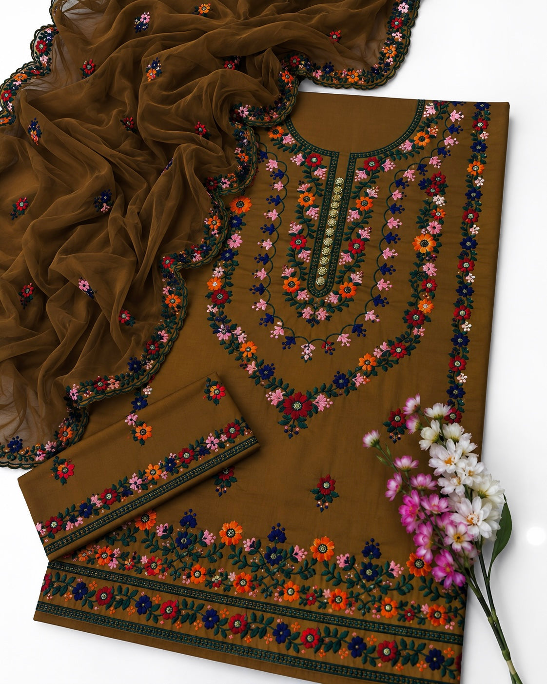 3MM Sequence Sitara Pakka Thread Multi Embroidered Soft Cotton Suit with Premium Chiffon Cutwork Dupatta – 3PC Unstitched Dress 👗