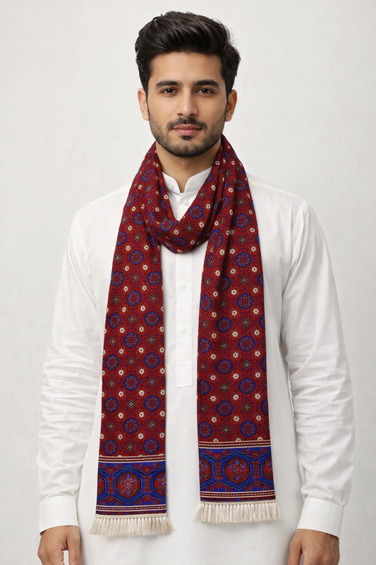 Traditional Sindhi Ajrak Printed Muffler for Men & Women – Red & Blue Handcrafted Design