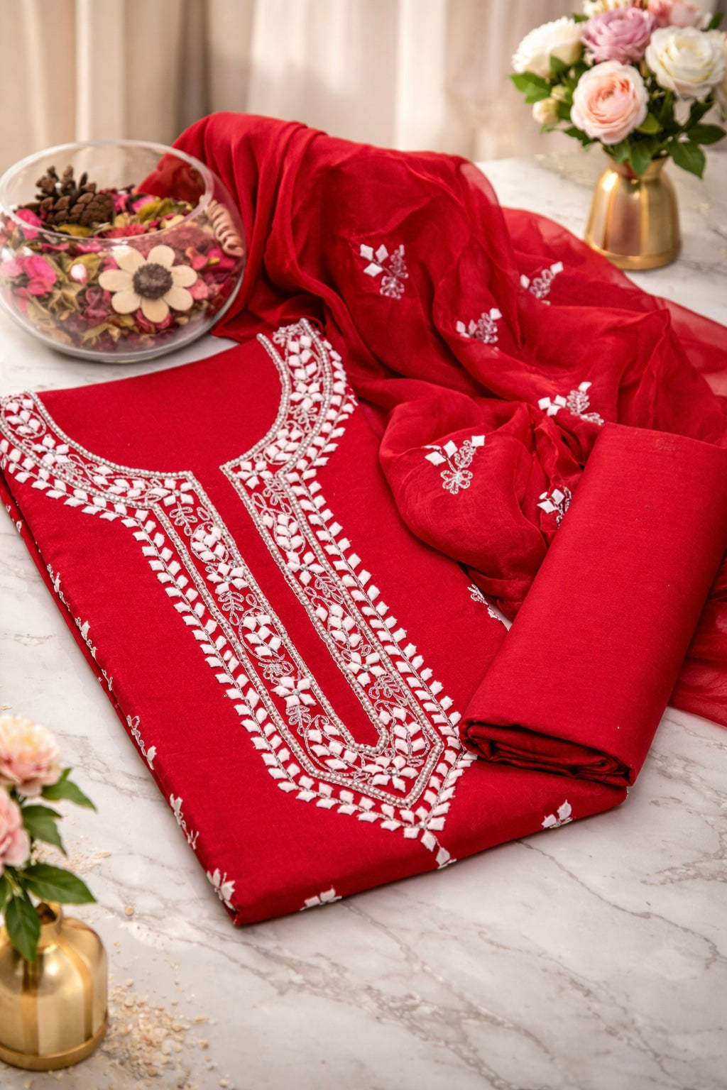 Handmade Applique Leaf, Zari & Pearl Work Lawn Fabric With Chiffon Dupatta 3PC Dress