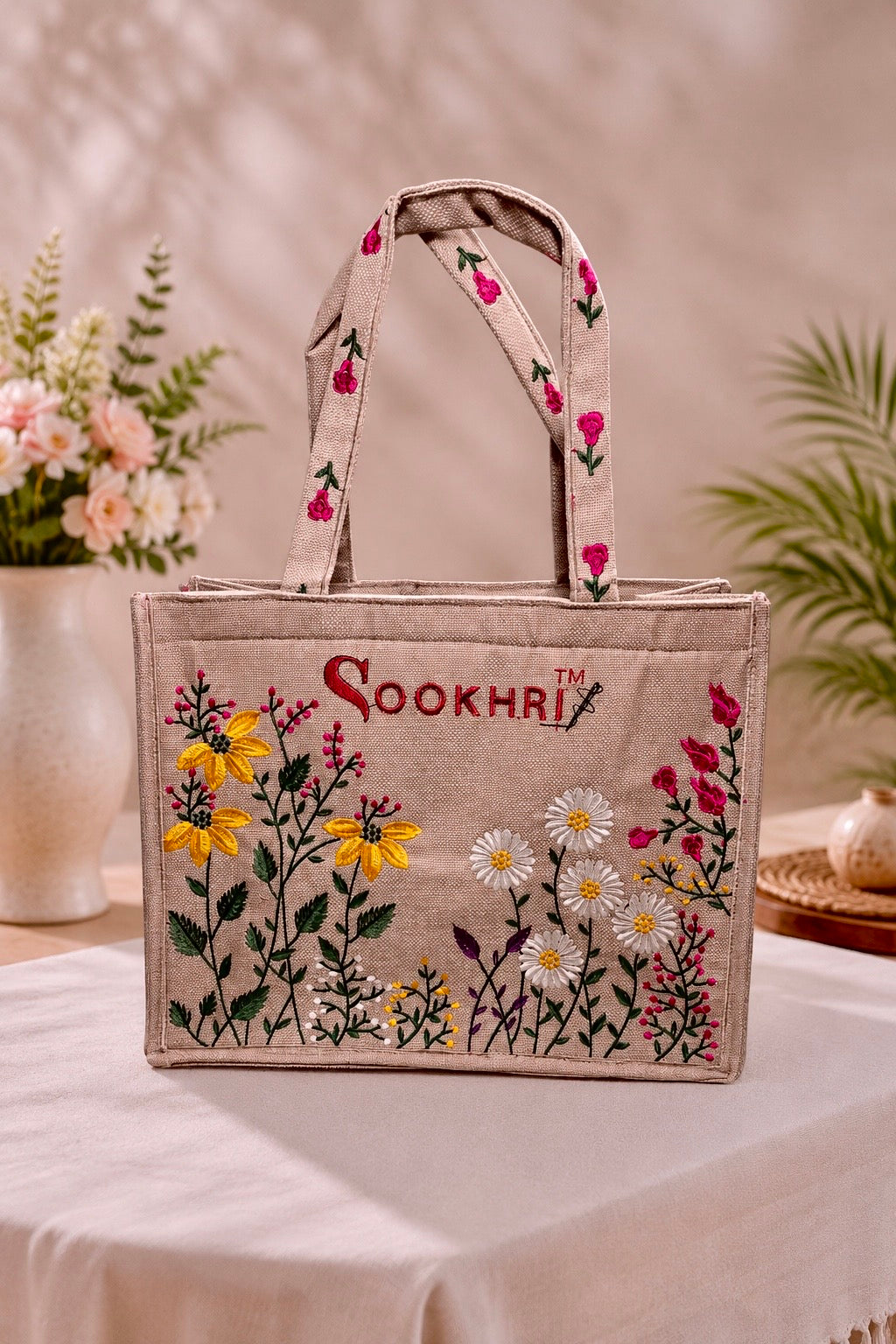 Traditional Jute Fabric Floral Embroidered Hand Bag – Premium Branded Tote Bag with Zip Clouser