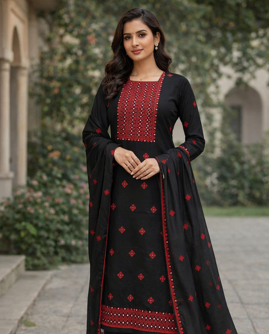 Sindhi Hurmucha Style Soft Cotton 3-Piece Suit with 9MM Sitara Computer Embroidery