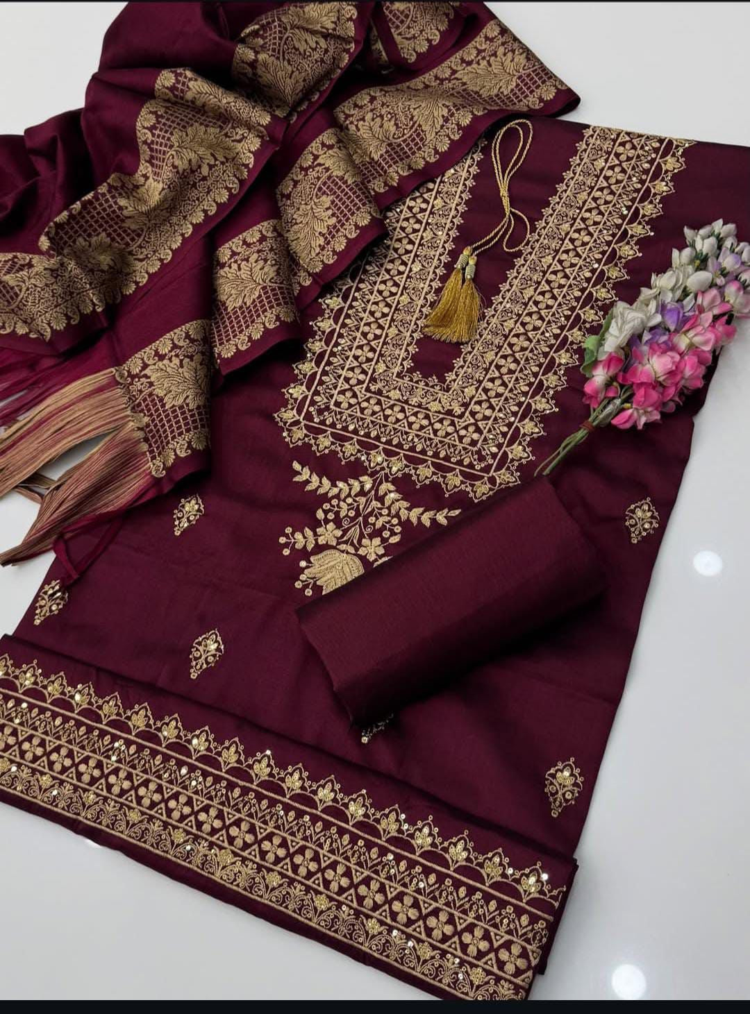 Winter Staple Soosi 3-Piece Suit | 3mm Sequence Embroidery with Jacquard Staple Soosi Shawl Dupatta