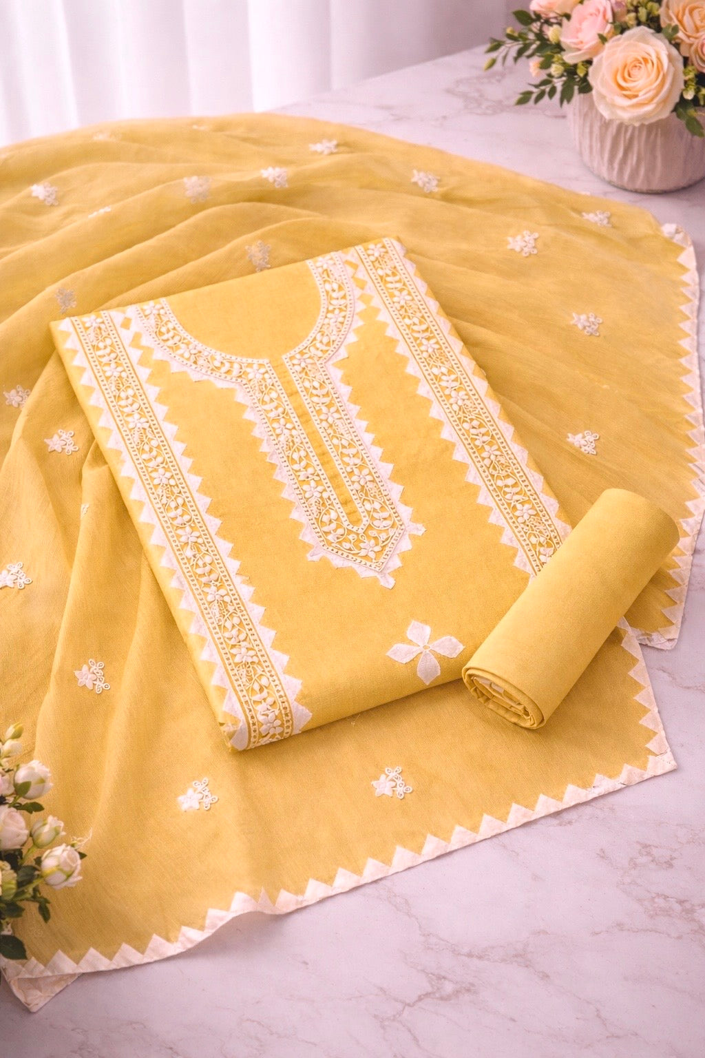 Applique Handmade Thick Thread 3mm Sequence Sitara Embroidery Lawn Cotton with Chiffon Dupatta - 3PC Unstitch Dress 👗