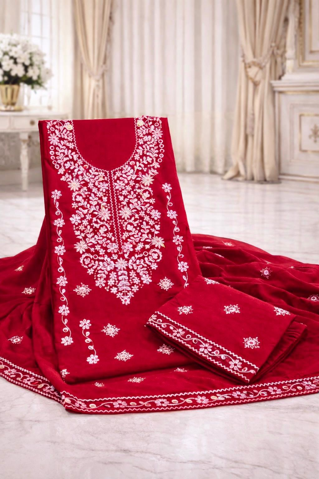Elegant 3-Piece Pakka Thread 9MM Sitara White Embroidered 3PC Suit – | Lawn Cotton | Chiffon Dupatta