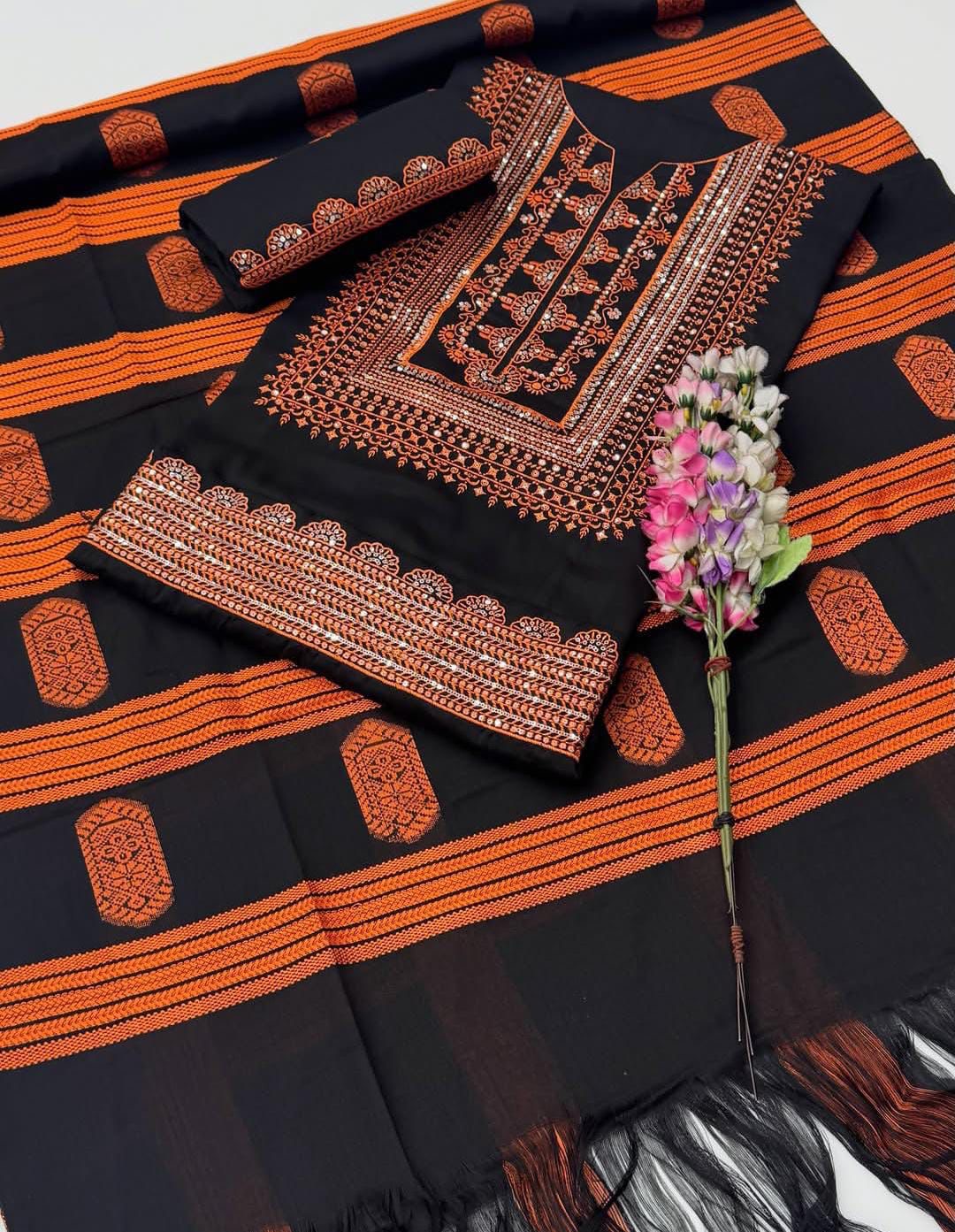 Winter Staple Sussi Suit with 3MM Sequence Sitara Computer Embroidery With Thari Shawl Jacquard Dupatta 3PC Dress 👗