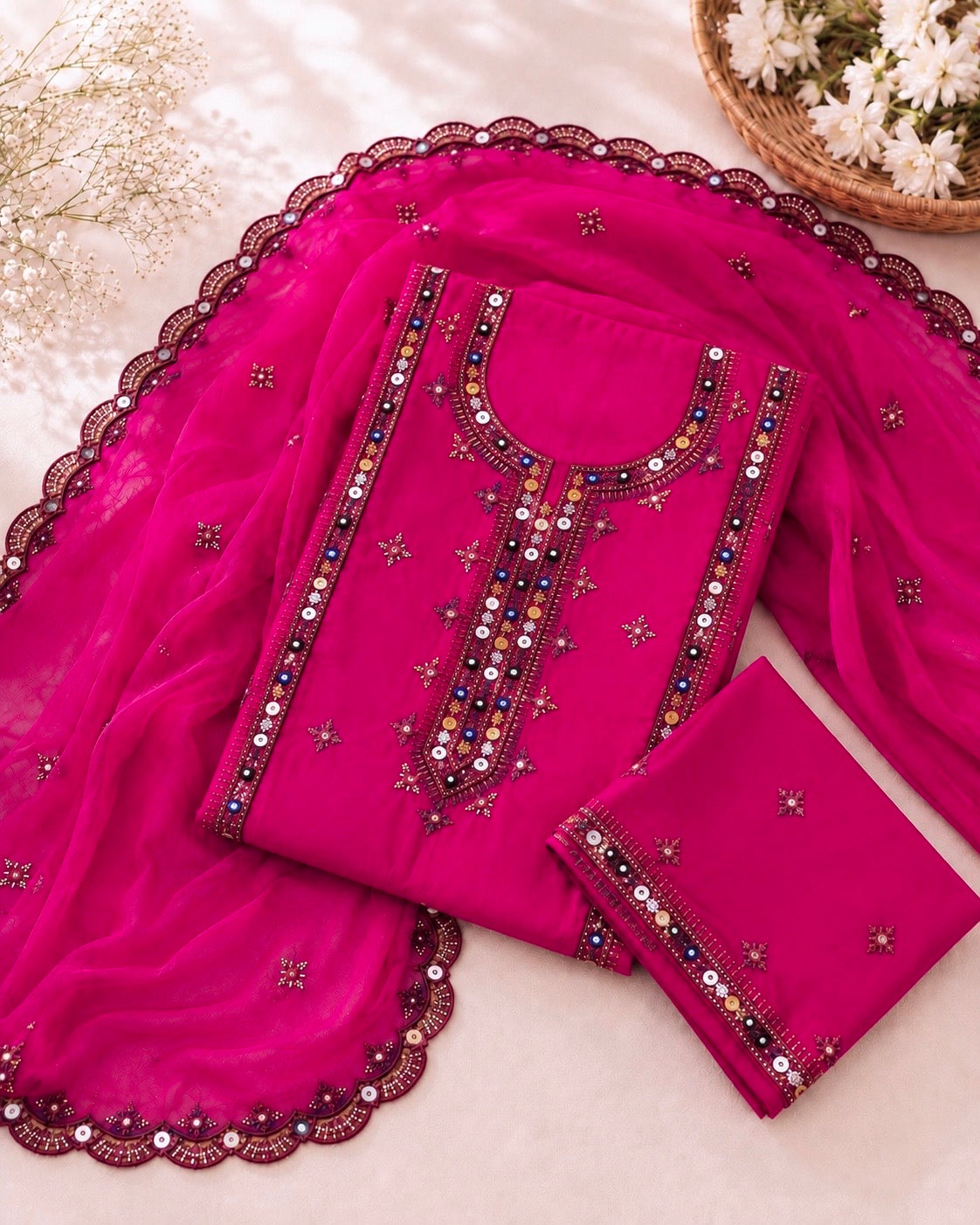 Balochi Thick Thread Embroidered Lawn Cotton with Two Side Cutwork Border Embroidered Dupatta - 3PC Unstitch Dress 👗