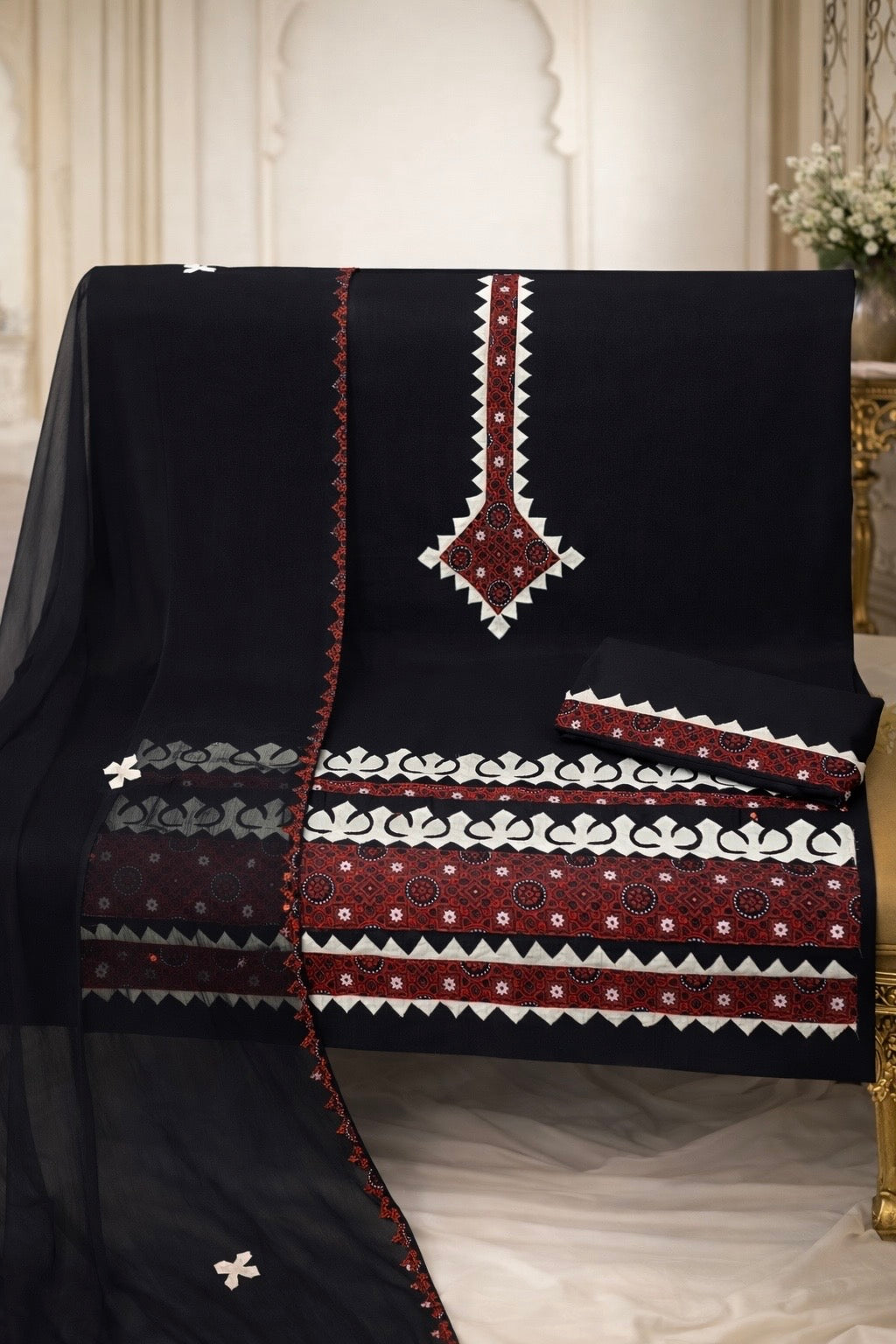 Luxury Handwork Ajrak Applique Dress – Black Edition | Cultural Festive Wear
