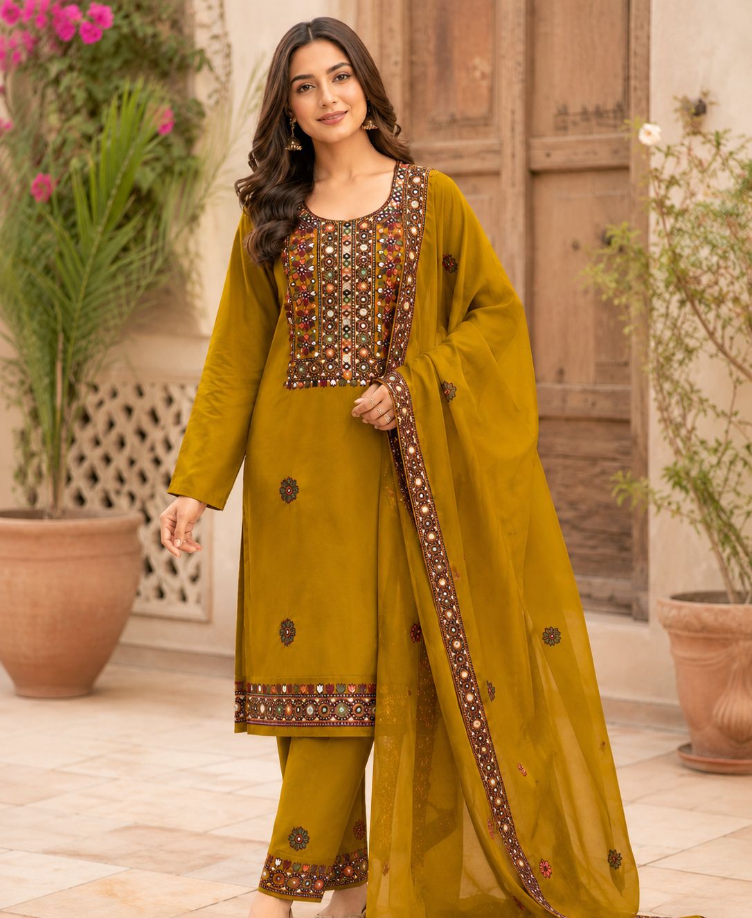 Balochi Multi Thick Thread 9MM Sitara Heavy Embroidered Lawn Cotton with Chiffon Dupatta – 3PC Unstitched Dress