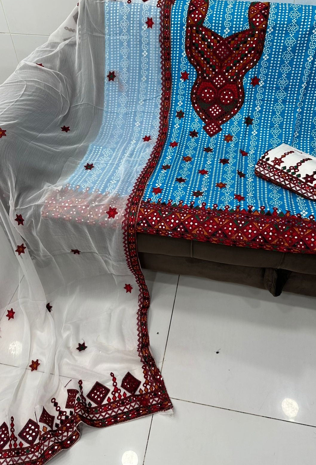 Balochi Ari Sitara Work Chunri Print Cotton 3pc Dress