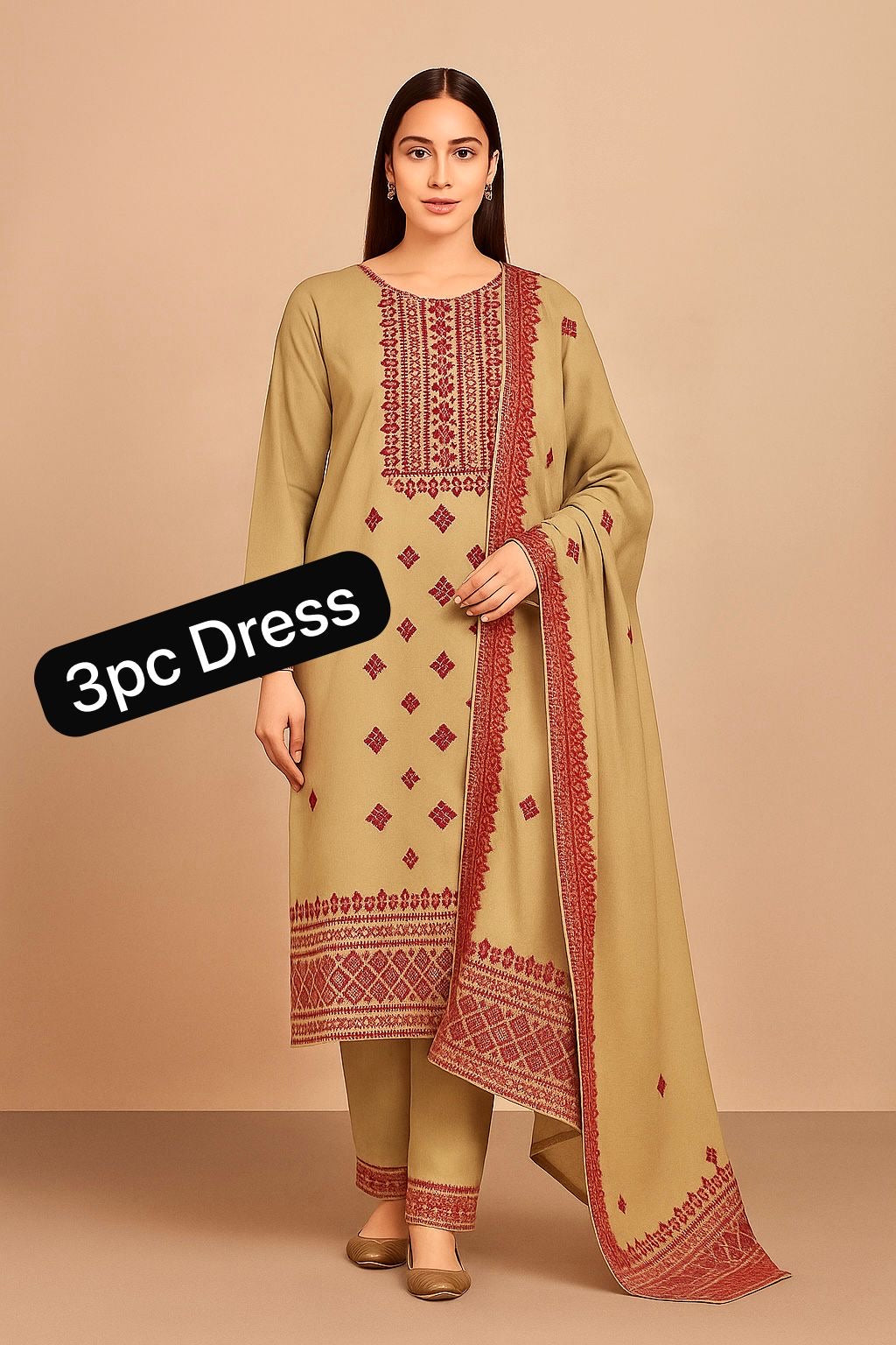 3-Piece Embroidered Suit with Chiffon Dupatta – Sindhi Hurmucha Machine Work & Sitara Foil Detailing