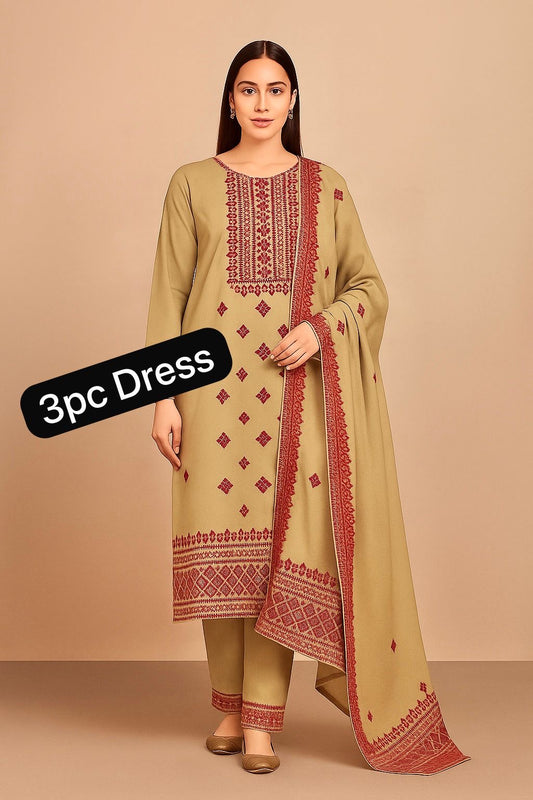 3-Piece Embroidered Suit with Chiffon Dupatta – Sindhi Hurmucha Machine Work & Sitara Foil Detailing