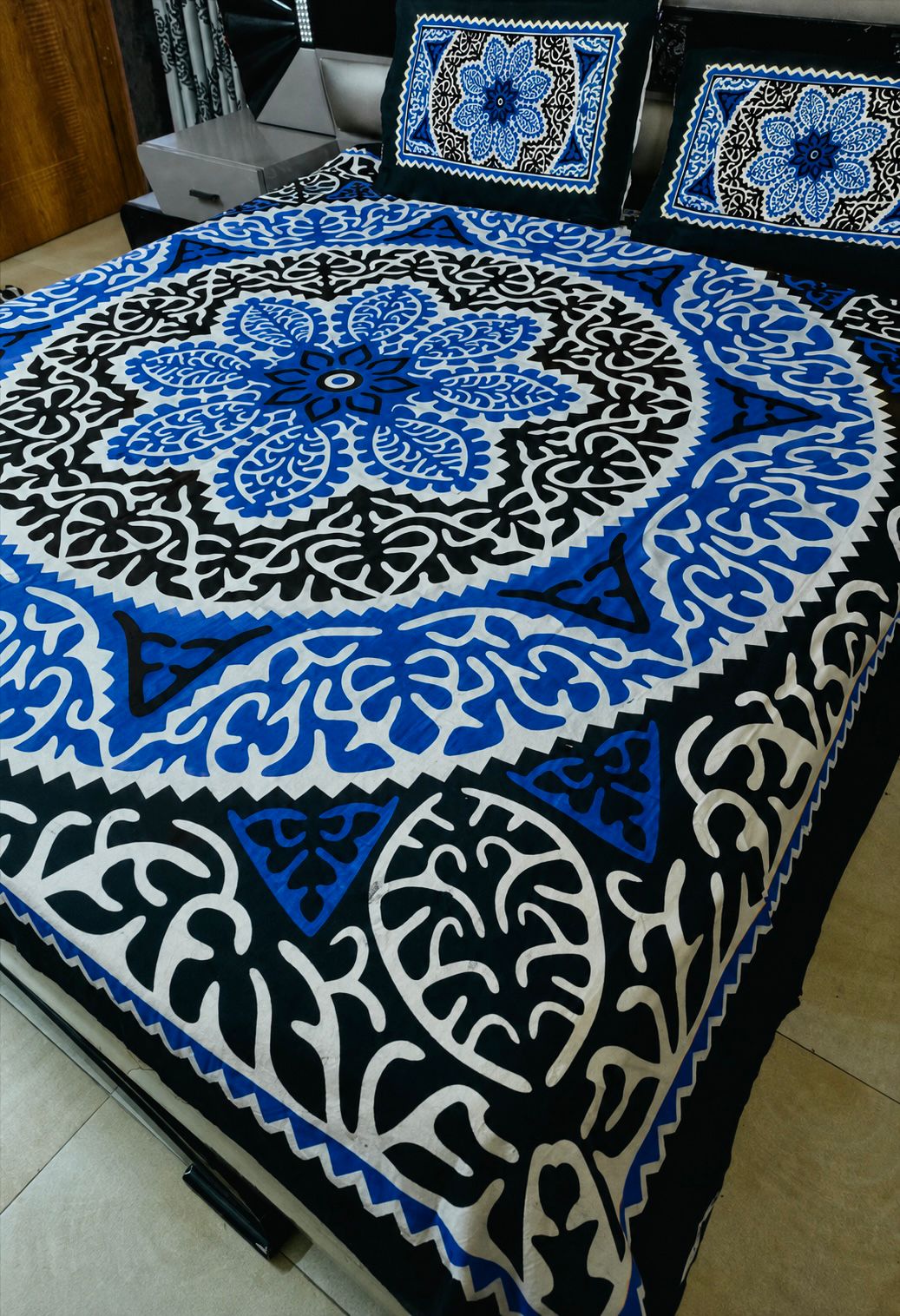 King Size Ajrak Block Hand Print Cotton Stuff Bedsheet Set with 2 Unstitched Pillow Covers