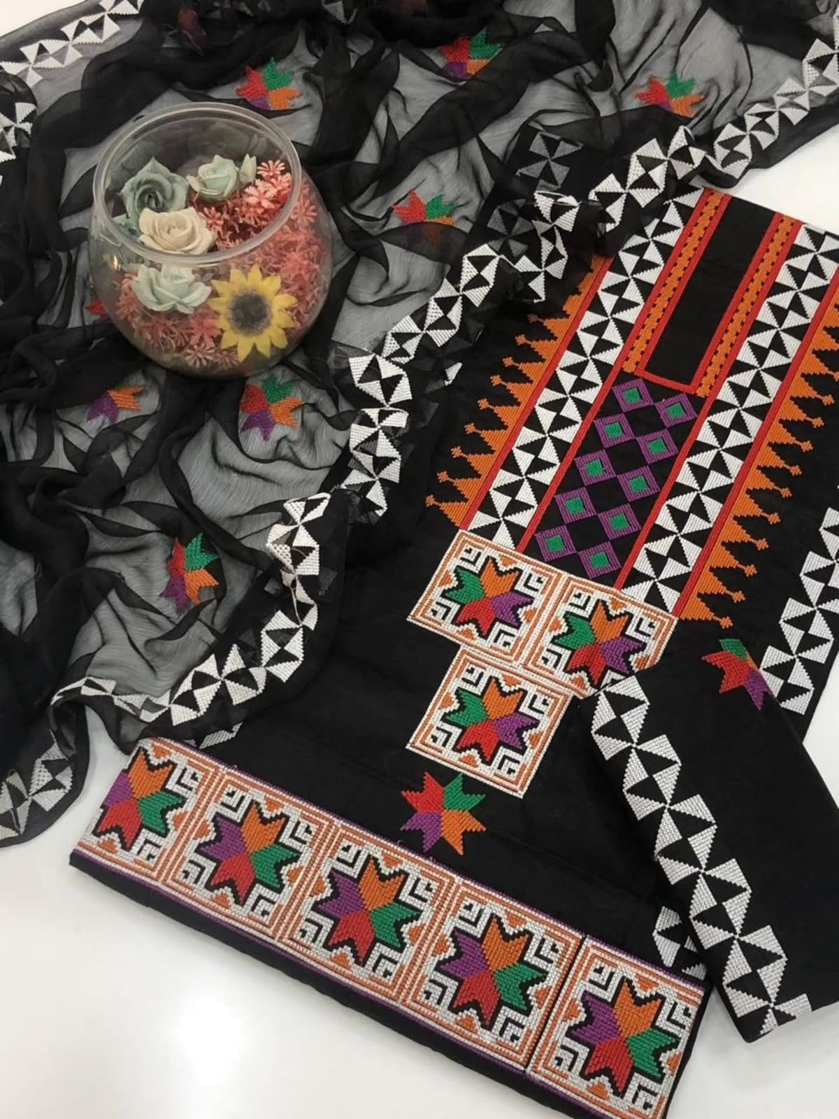 Black Ethnic Cross Stitch Computer Embroidered Lawn Cotton with Floral Embroidered Chiffon Dupatta - 3PC Unstitch Dress 👗