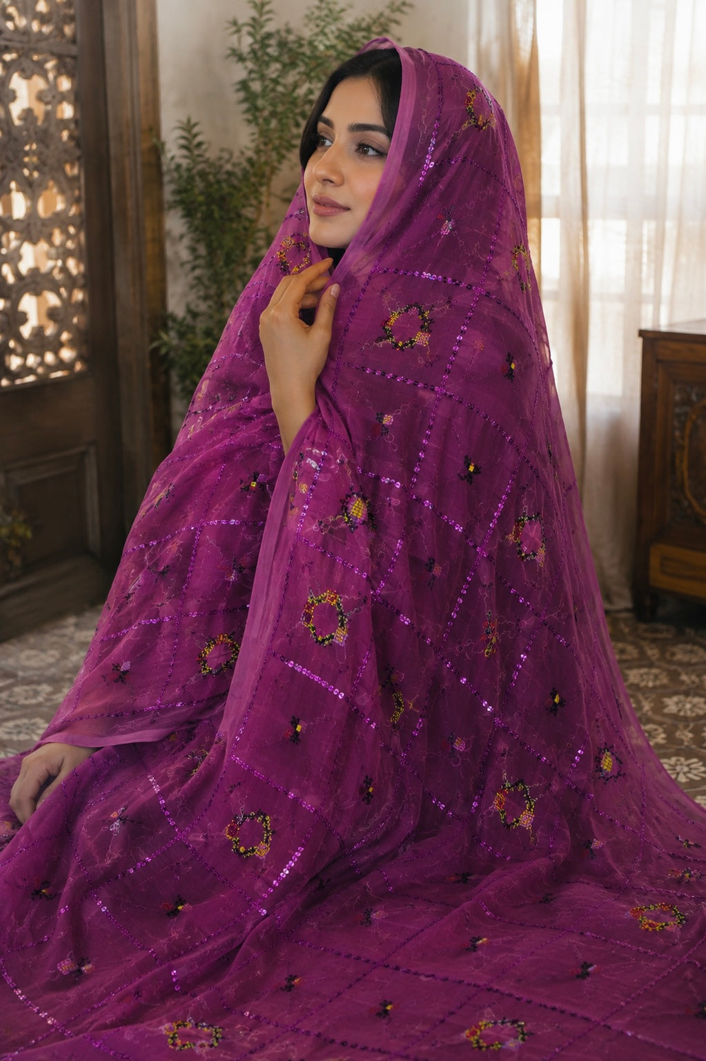 China Swiss Lawn Ladies Shawl with All Over Check Jaal Sequence Sitara Embroidery