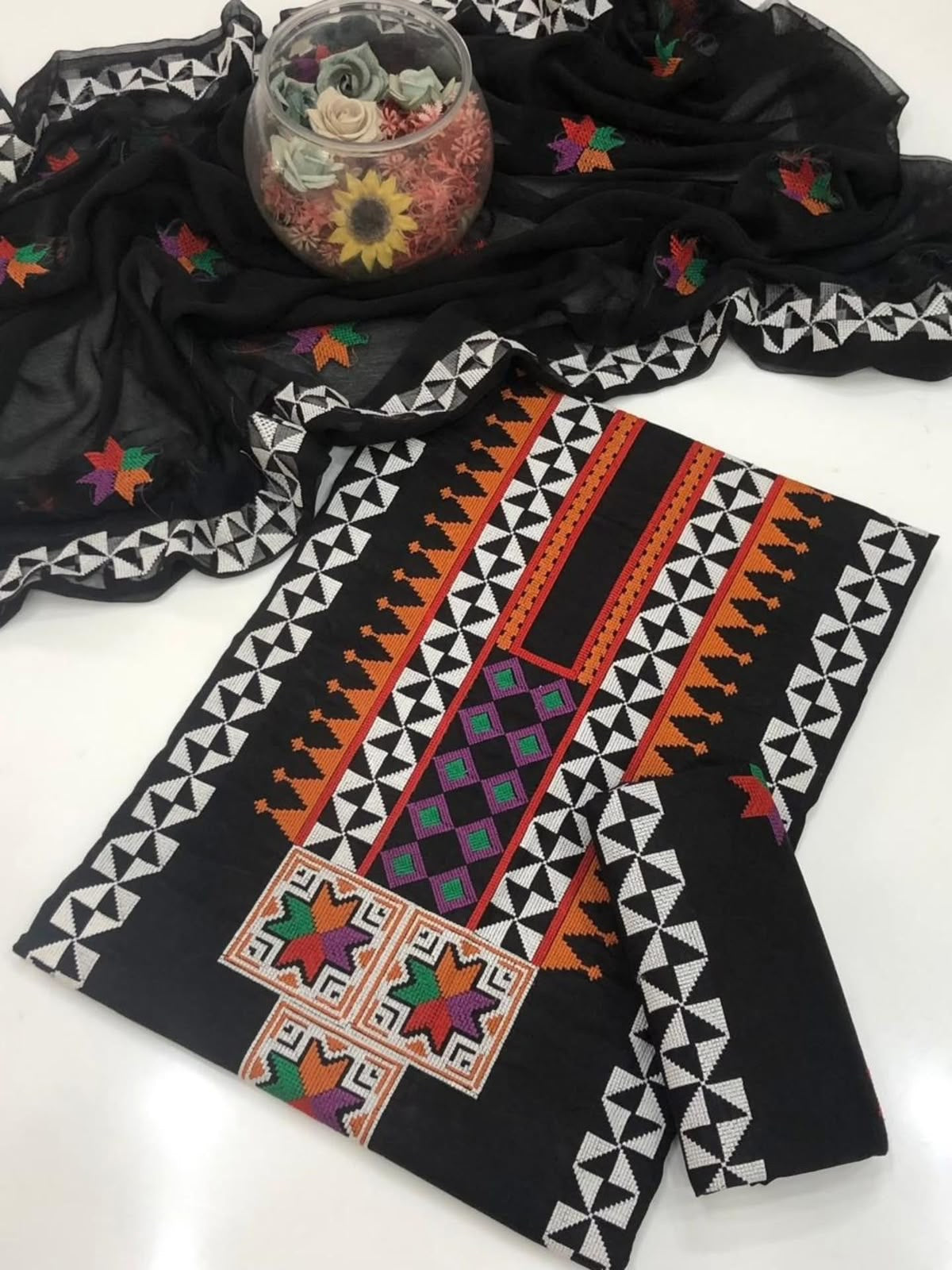 Black Ethnic Cross Stitch Computer Embroidered Lawn Cotton with Floral Embroidered Chiffon Dupatta - 3PC Unstitch Dress 👗