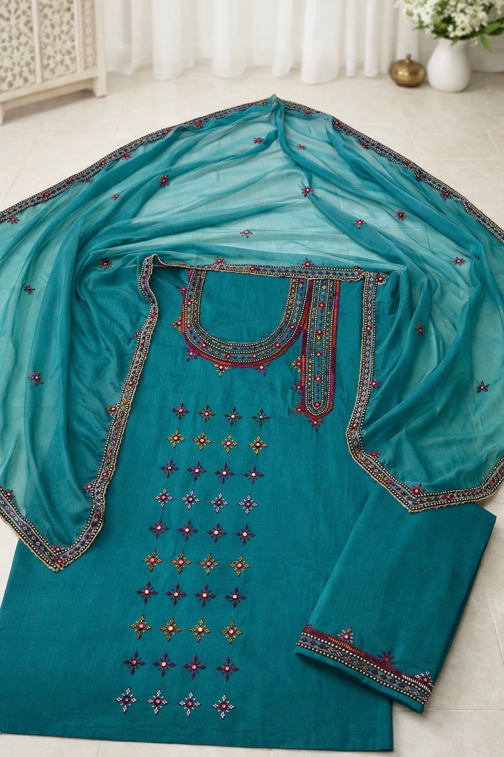 Angrakha Style Gala Balochi Handmade Original Mirror Work Lawn Cotton with Chiffon Dupatta - 3PC Unstitch Dress 👗