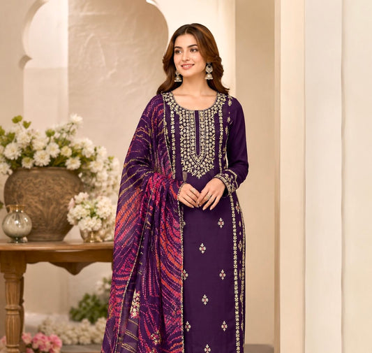 Premium Lawn Fabric Golden Gotta Handmade 3 Piece Unstitched Dress with Tie & Dye Chiffon Dupatta